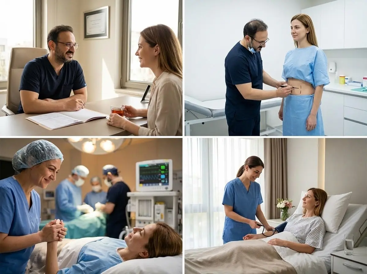 Collage showing consultation, pre-op marking, monitored surgery environment, and postoperative nursing care for tummy tuck patients.