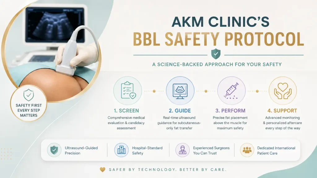 AKM Clinic protocol graphic explaining is BBL safe with screening, ultrasound guidance, fat placement, and aftercare.