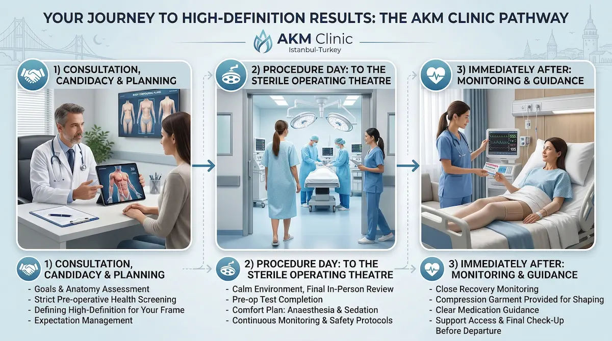 AKM Clinic pathway infographic: consultation, sterile operating theatre, and aftercare for tumescent local anaesthesia Hi-Def lipo.