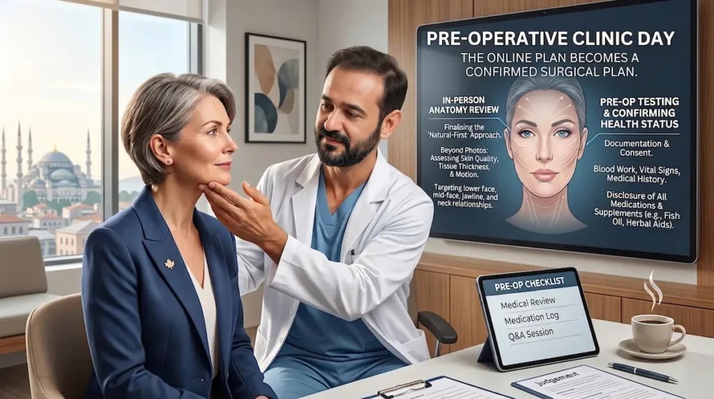 Canadian patient completing pre-operative review for deep plane facelift journey Turkey with surgeon assessment and testing.