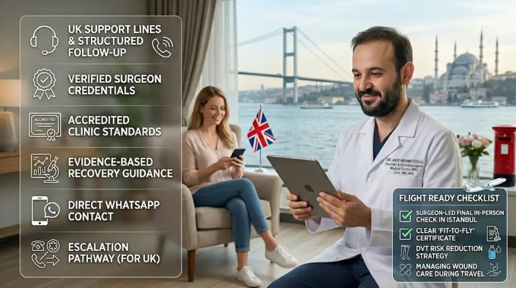 Mummy makeover cost UK safety image showing UK support lines, verified surgeon credentials, accredited clinic standards, evidence-based recovery guidance and a flight-ready checklist.