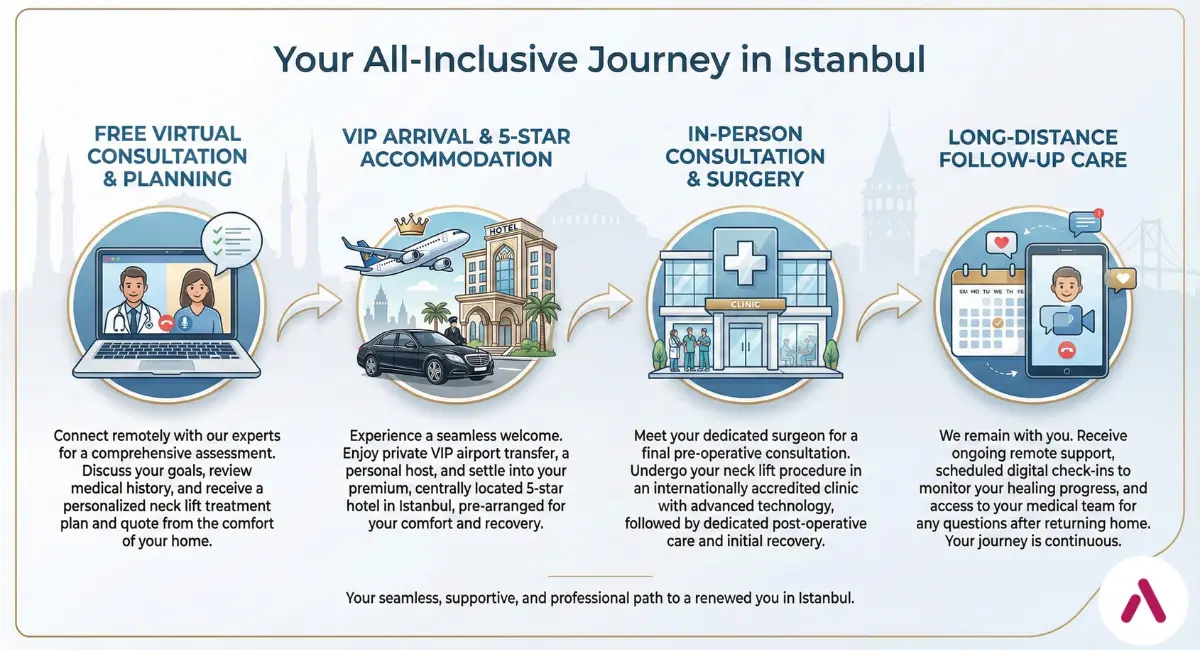 Infographic showing an all-inclusive journey in Istanbul: virtual consultation, VIP arrival, surgery, and long-distance follow-up care.