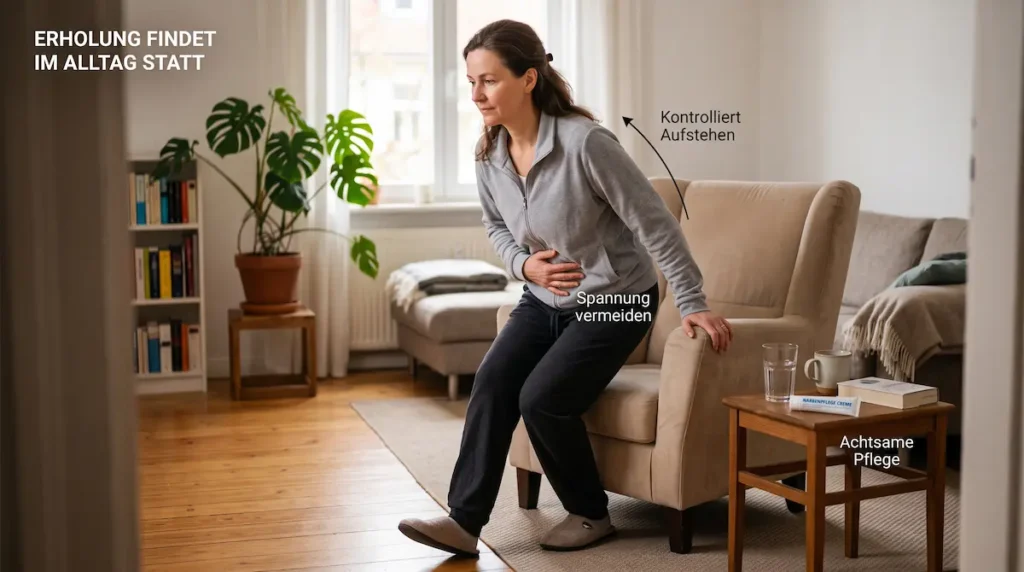 Bauchdeckenstraffung Heilung Tipps: Patientin steht kontrolliert vom Sessel auf und entlastet den Bauch im Alltag.
