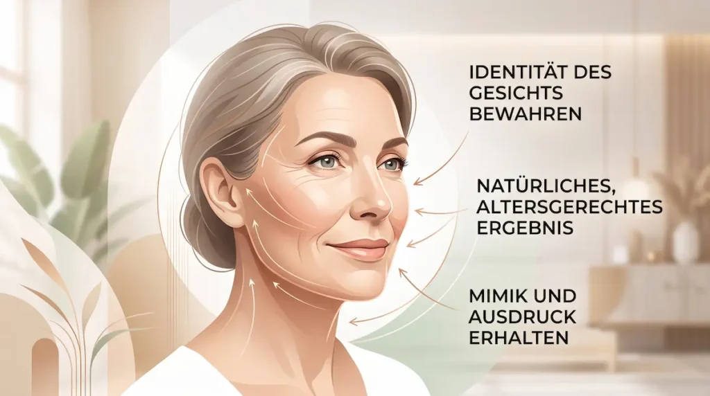 Deep plane facelift natürliche ergebnisse: Illustration einer Frau mit Lifting-Vektoren, erhaltener Mimik und vertrauten Gesichtszügen.
