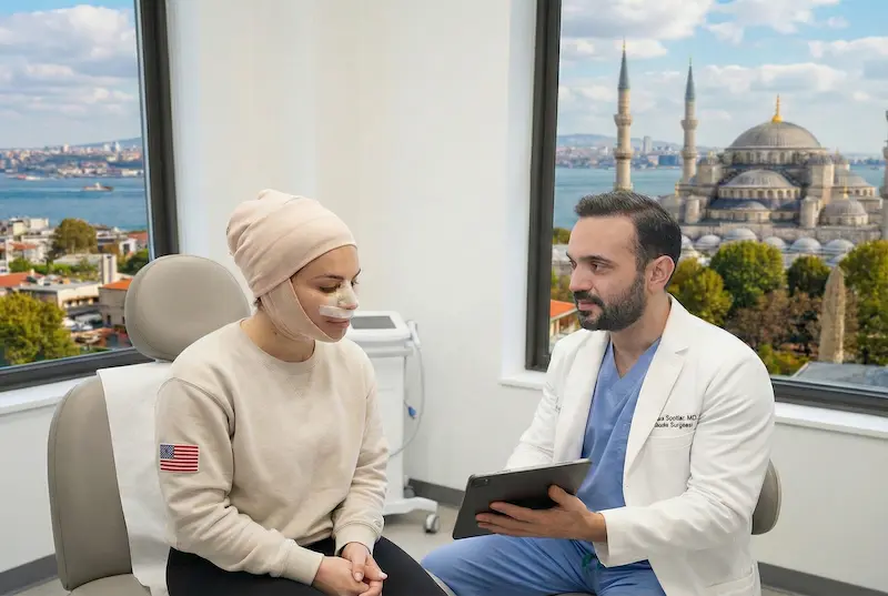 Americans getting facelifts in Turkey: U.S. patient in head wrap consults surgeon in an Istanbul clinic with Blue Mosque view