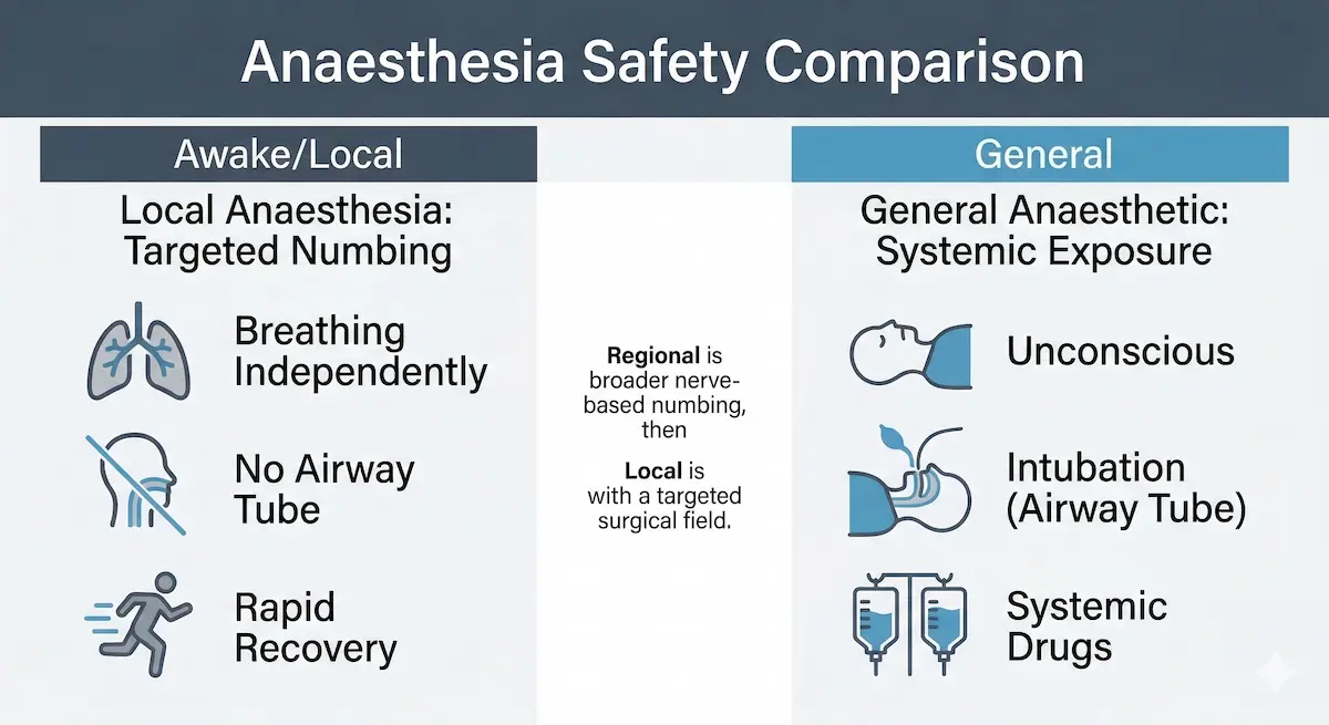 Anaesthesia safety comparison infographic showing awake/local vs general anaesthetic: breathing independently, no airway tube, rapid recovery vs intubation and systemic drugs.