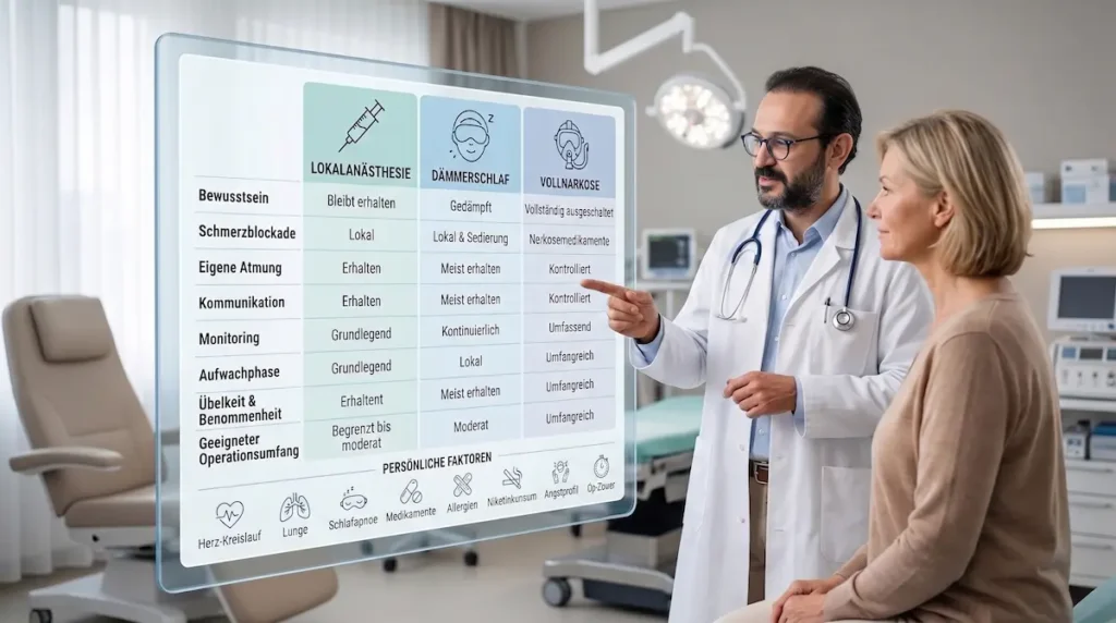 Facelift lokalanästhesie oder vollnarkose: Arzt erklärt einer Patientin die Entscheidungsmatrix zu Sicherheit und Eignung.