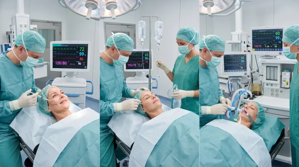 Facelift lokalanästhesie oder vollnarkose: Drei OP-Szenen zeigen Lokalanästhesie, Dämmerschlaf und Vollnarkose mit Monitoring.