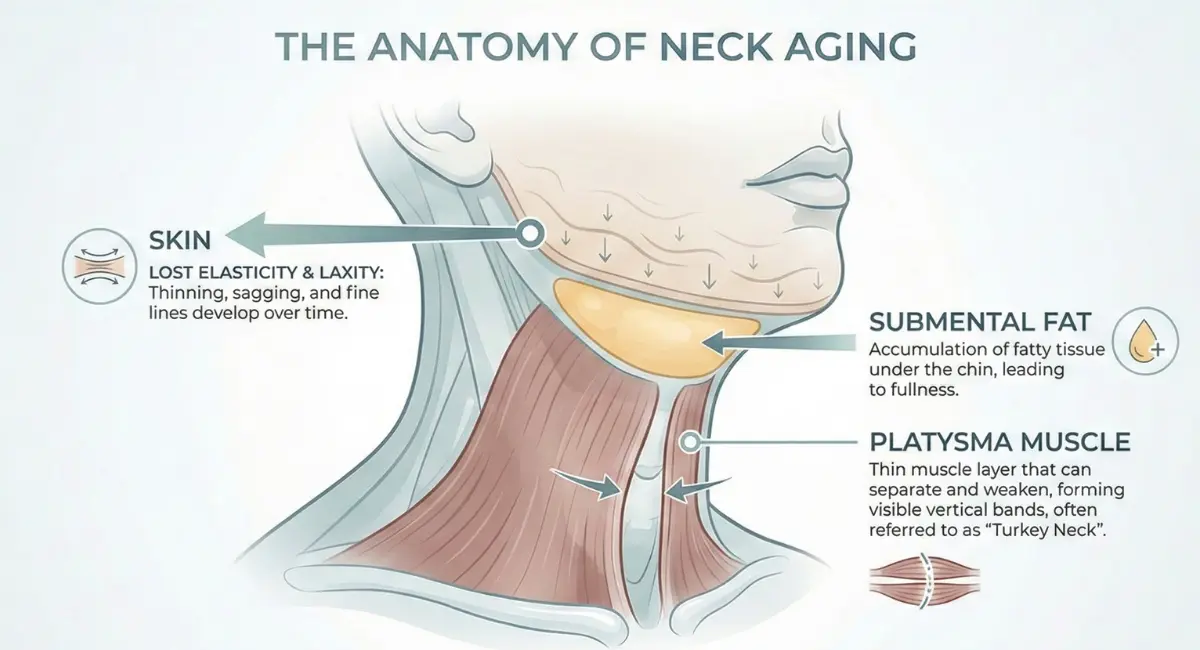 Diagram labeled skin, submental fat, and platysma muscle explaining how these structures contribute to neck aging.