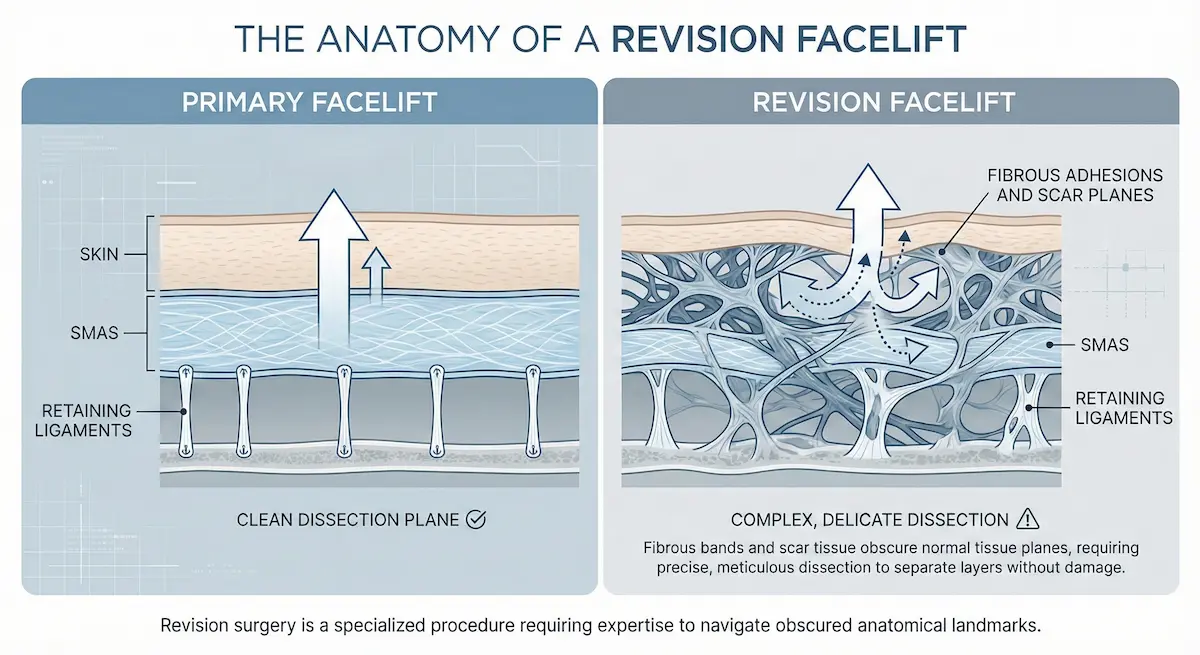 Medical diagram comparing the clean tissue planes of a primary facelift versus the complex fibrous adhesions and scar tissue layers found in a revision facelift.