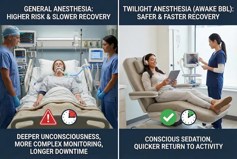 Brazilian butt lift (BBL) anesthesia options comparison graphic: awake BBL (twilight sedation) vs general anesthesia.
