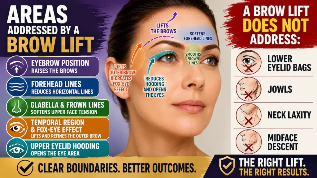Areas addressed by an endoscopic temporal brow lift including eyebrow position, forehead lines, frown lines, temporal region, and upper eyelid hooding.