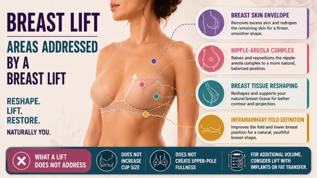 Areas addressed by a breast lift showing skin envelope, nipple-areola repositioning, breast tissue reshaping, and fold definition.