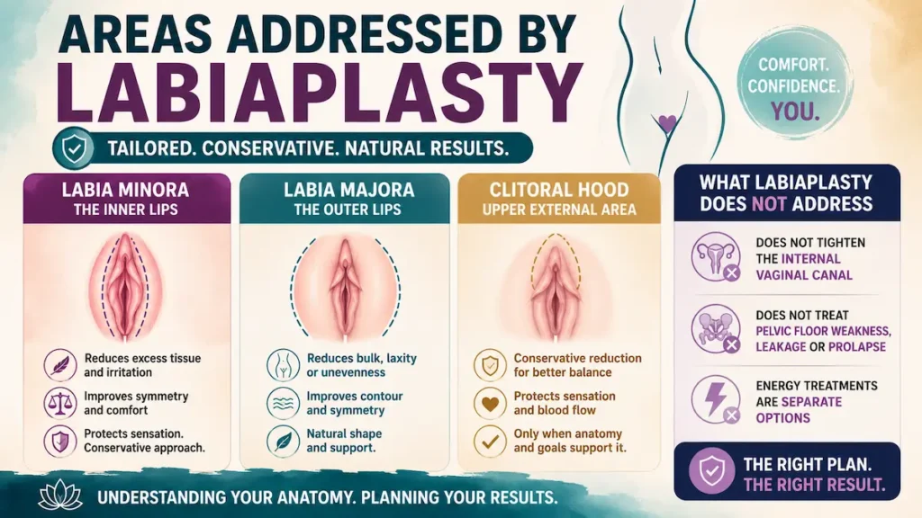 Labiaplasty infographic showing areas addressed, including the labia minora, labia majora, and clitoral hood, for Canadian patients.