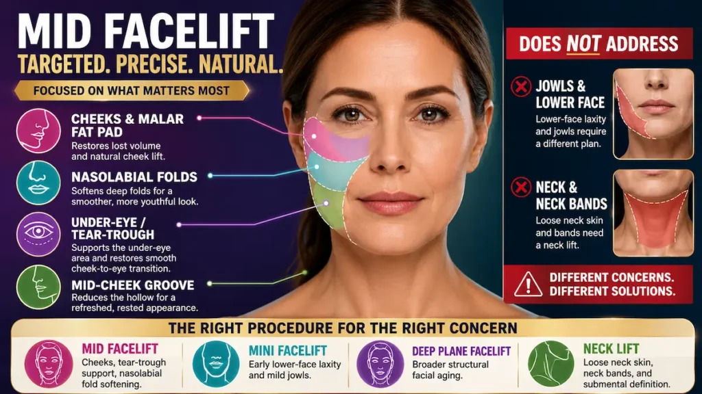 Areas addressed by a mid facelift diagram showing cheeks, malar fat pad, nasolabial folds, tear-trough and mid-cheek groove.
