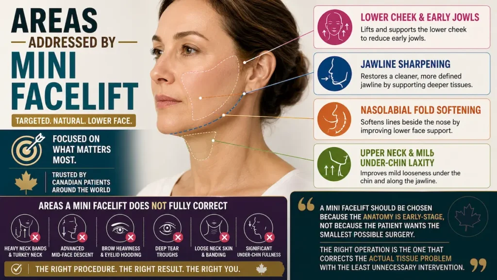 Mini facelift infographic showing lower cheek support, early jowl reduction, jawline sharpening, and mild under-chin laxity.