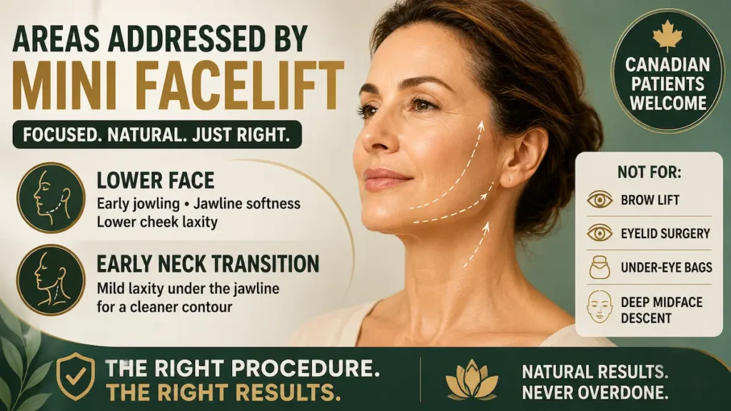 Areas Addressed by Mini Facelift showing lower face, early jowling, jawline softness, and mild neck laxity.