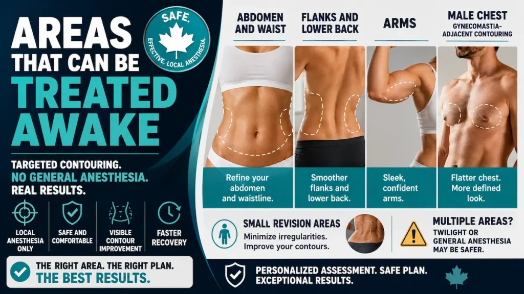 Areas That Can Be Treated Awake infographic showing Awake Liposuction for abdomen, waist, flanks, lower back, arms, male chest, and small revision areas.