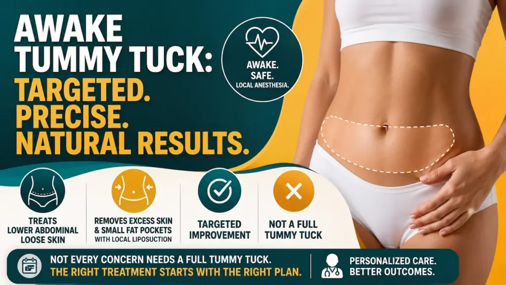 Awake tummy tuck areas treated include lower-abdominal loose skin and small fat pockets for selected patients.