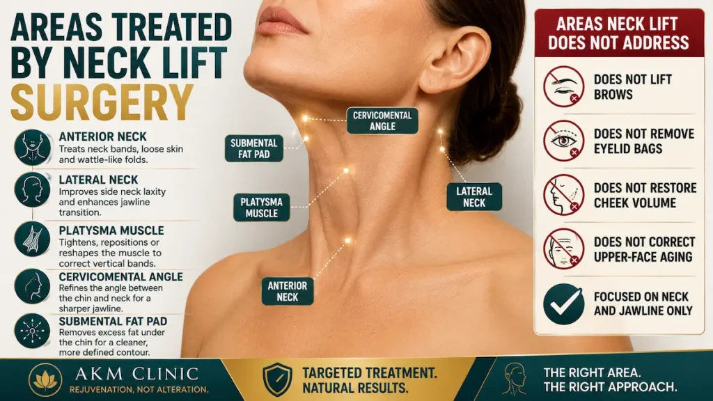 Areas treated by neck lift surgery infographic showing the anterior neck, platysma muscle, submental fat pad and jawline.