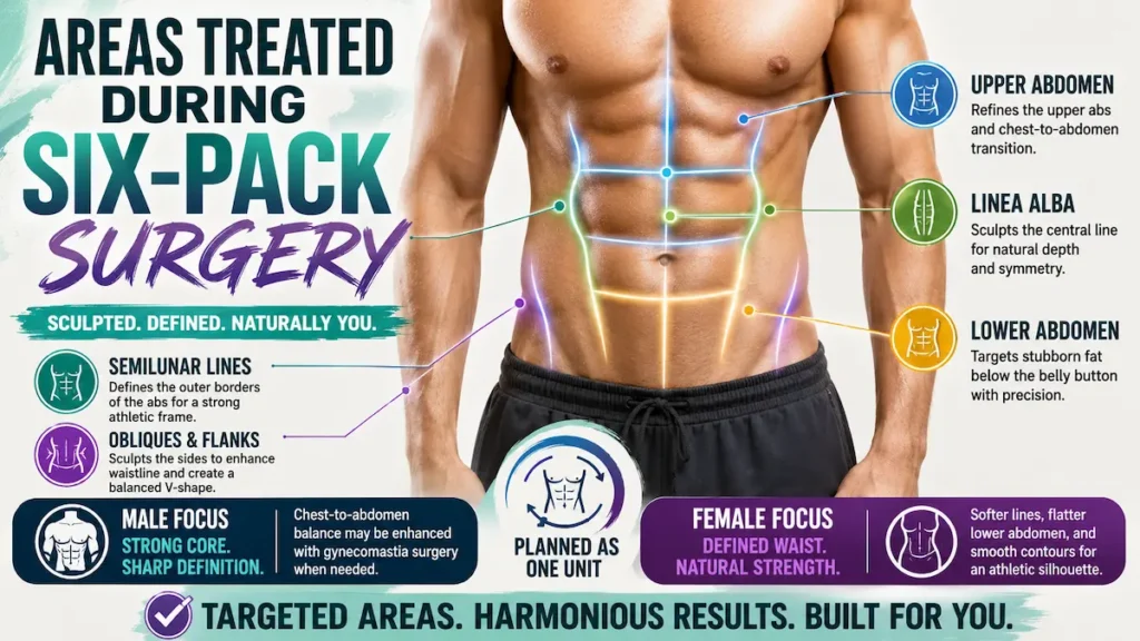 Six-pack surgery treatment areas showing upper abdomen, linea alba, lower abdomen, obliques, and flanks.