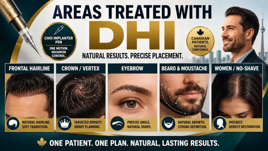 DHI hair transplant treatment areas including frontal hairline, crown, eyebrow, beard, moustache, and no-shave options for Canadian patients.