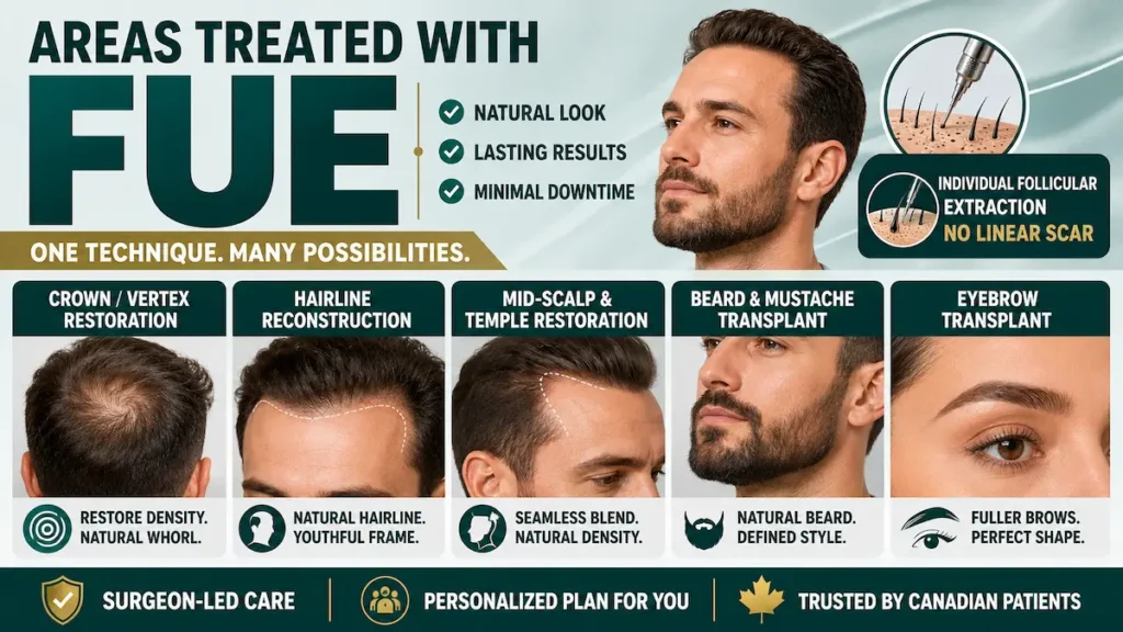 FUE hair transplant infographic showing crown, hairline, temple, beard, moustache and eyebrow restoration areas.
