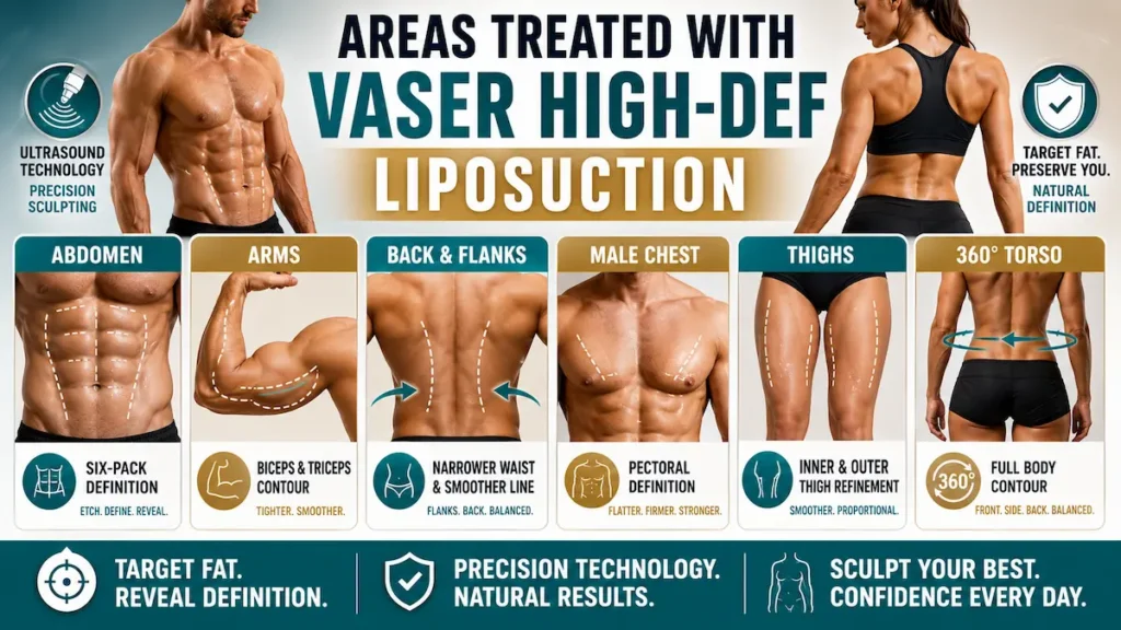 Areas Treated with VASER High-Def Liposuction including abdomen, arms, back, chest, thighs, and 360 torso.