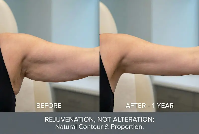 Arm Lift (Brachioplasty) before-and-after photo showing upper arm tightening and a natural result at 1 year after surgery.