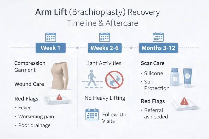 Arm Lift (Brachioplasty) recovery timeline infographic outlining Week 1, Weeks 2–6, and Months 3–12 aftercare steps, compression garment use, scar care, and red flags.