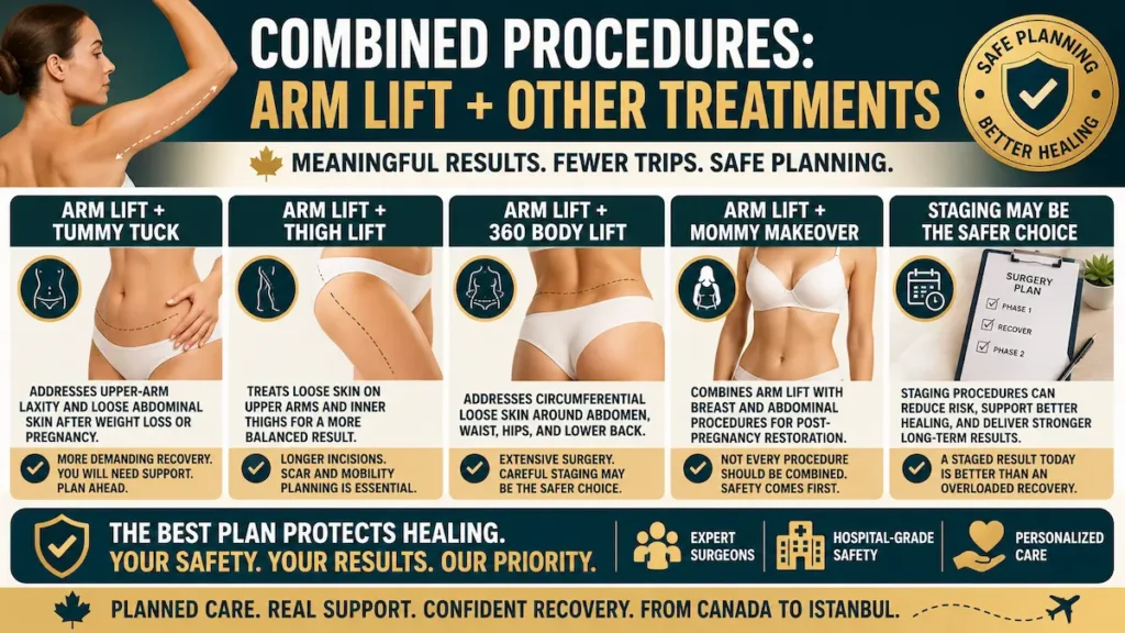 Arm lift combined procedures infographic showing tummy tuck, thigh lift, 360 body lift, mommy makeover, and staged planning.