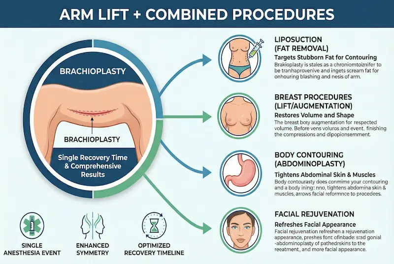 Arm Lift (Brachioplasty) combined procedures infographic showing options to pair surgery with liposuction, breast procedures, and body contouring for comprehensive results.