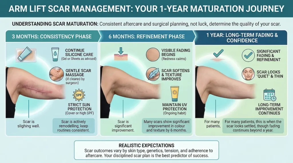 Arm Lift scar healing timeline infographic showing scar maturation at 3 months, 6 months and 1 year with aftercare steps.