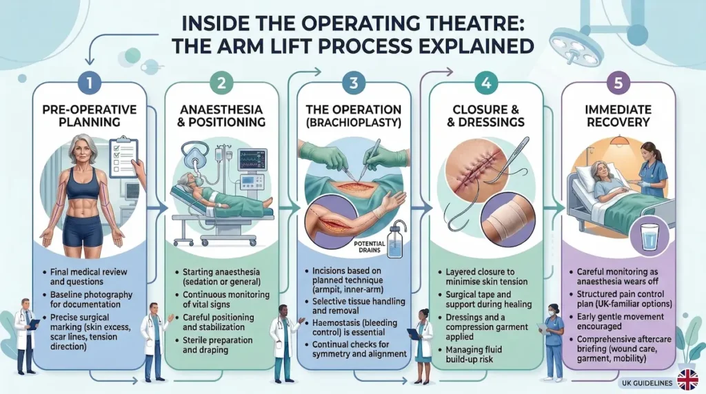 Arm Lift (Brachioplasty) step-by-step infographic showing pre-op planning, anaesthesia, surgery, closure, dressings and immediate recovery.