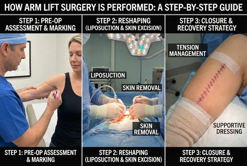 Arm Lift (Brachioplasty) step-by-step image showing pre-op marking, liposuction with skin excision, and closure with tension management and dressing.