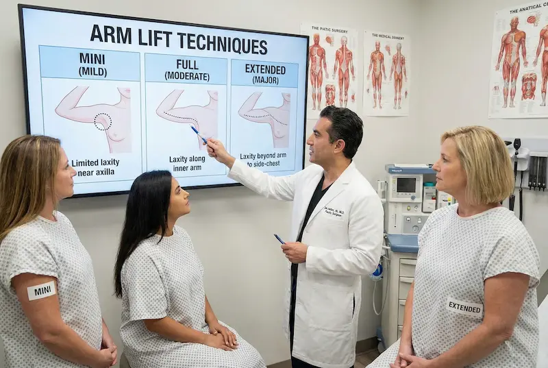Arm Lift techniques consultation showing mini, full, and extended brachioplasty options based on upper-arm laxity patterns.
