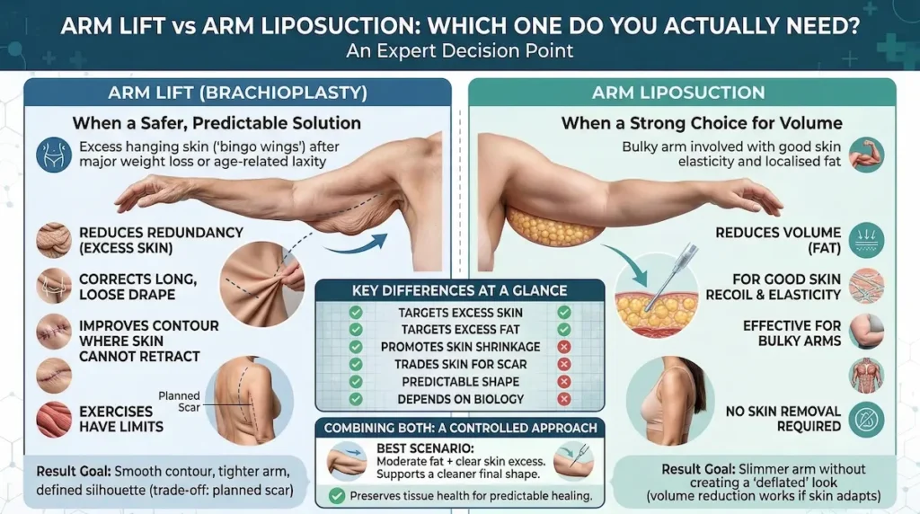 Arm Lift (Brachioplasty) vs arm liposuction infographic comparing excess skin removal, fat reduction, skin elasticity, and expected results.