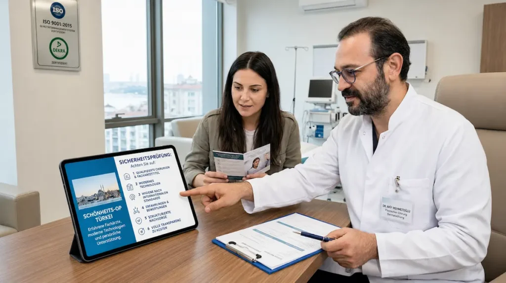 Schönheits-OP Türkei Sicherheit: Arzt erklärt einer Patientin Klinikstandards und Auswahlkriterien in Istanbul.