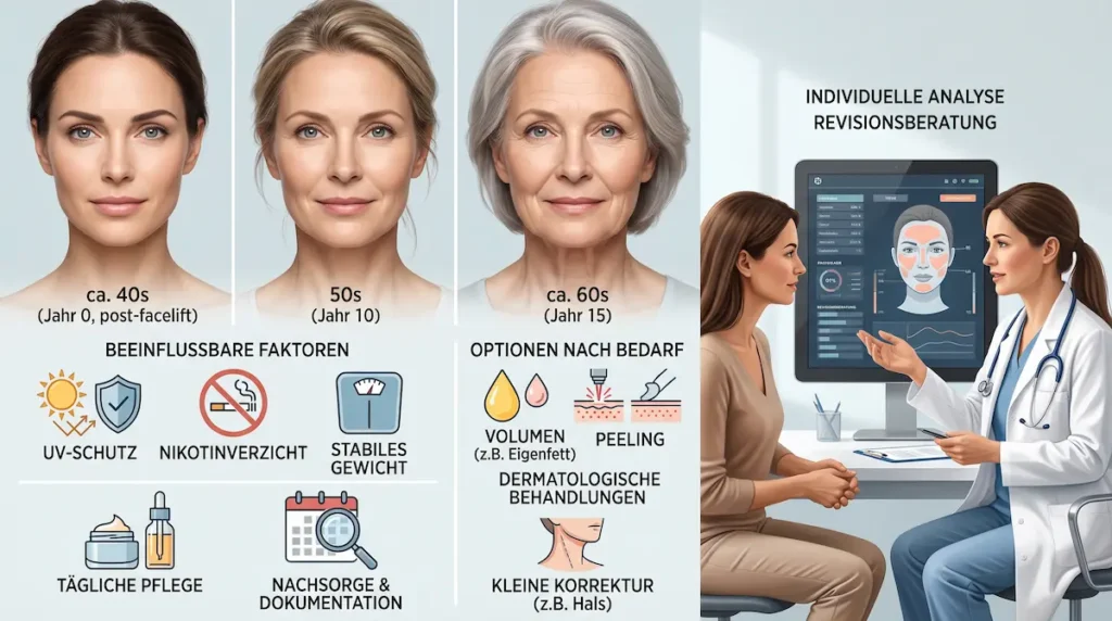 Deep Plane Facelift Haltbarkeit: Zeitleiste von Jahr 0 bis 15 mit Pflege, Nachsorge und möglichen Auffrischungsbehandlungen.