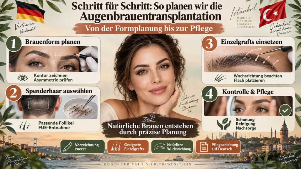 Augenbrauentransplantation in der Türkei: Infografik mit Brauenplanung, FUE-Entnahme, Einsetzen von Einzelgrafts und Nachsorge.