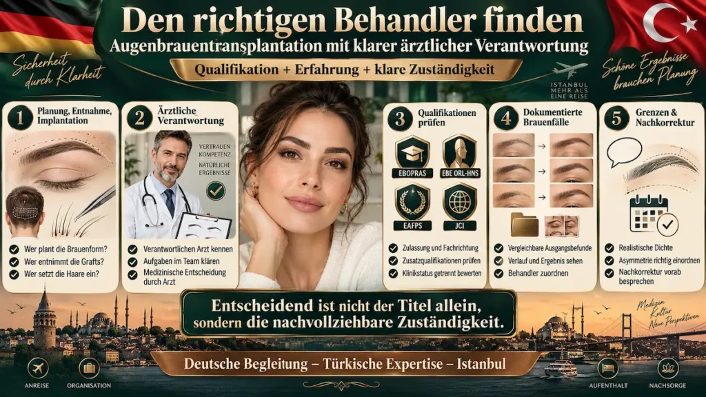 Augenbrauentransplantation in der Türkei: Infografik zur Behandlerwahl mit Qualifikationen, Zuständigkeiten und Fallbeispielen.