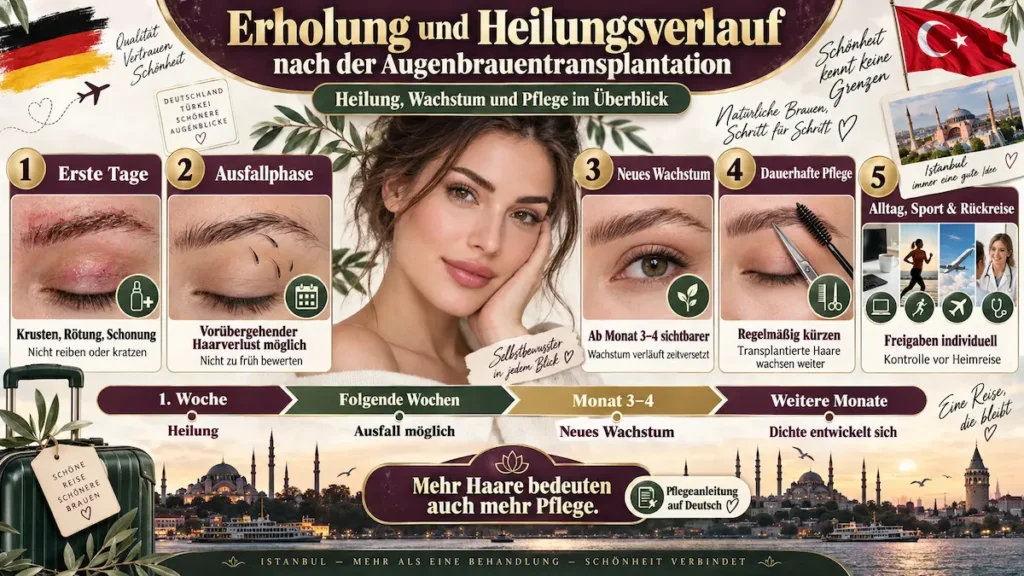 Augenbrauentransplantation in der Türkei: Infografik zu Krusten, Ausfallphase, neuem Haarwachstum und regelmäßiger Pflege.