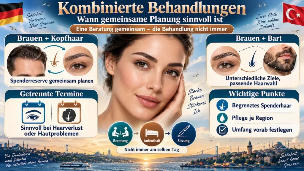 Augenbrauentransplantation in der Türkei: Infografik zur gemeinsamen Planung mit Kopfhaar- oder Barttransplantation.