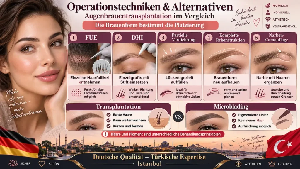 Augenbrauentransplantation in der Türkei: Infografik mit FUE-Entnahme, DHI-Implantation und Vergleich mit Microblading.