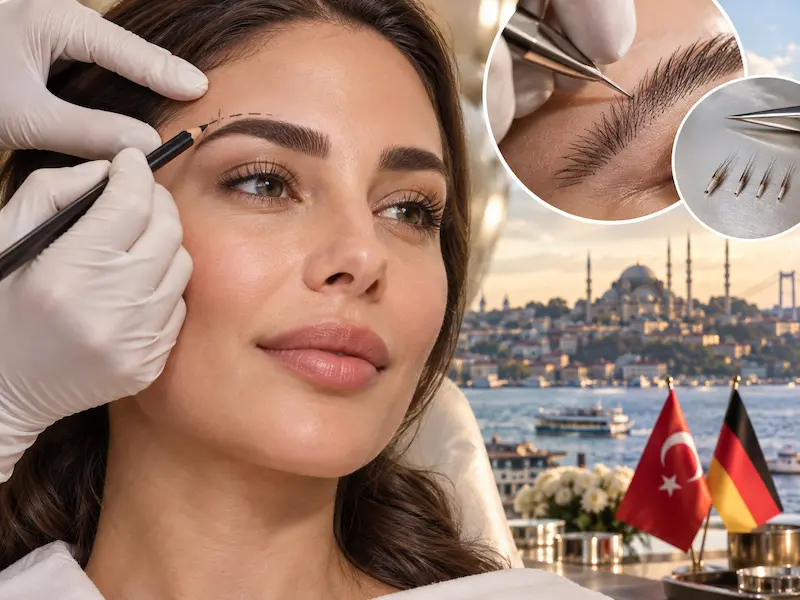 Augenbrauentransplantation in der Türkei: Vorzeichnung der Brauenkontur und Detailansichten zur Platzierung von Einzelgrafts.