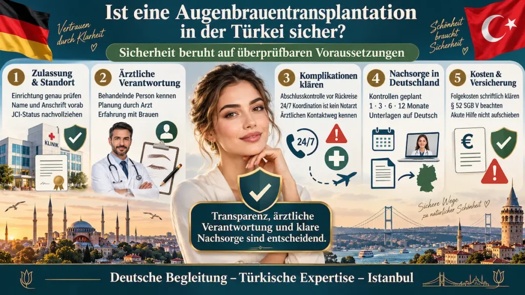 Augenbrauentransplantation in der Türkei: Infografik zu Zulassung, ärztlicher Verantwortung, Komplikationen, Nachsorge und Versicherung.