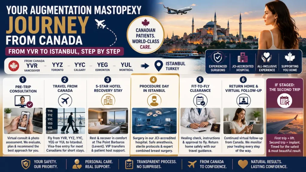 Your Augmentation Mastopexy Journey from Canada to Istanbul infographic showing consultation, travel, surgery, recovery, and follow-up.