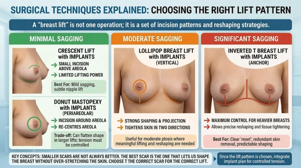 Diagram showing breast lift with implants techniques: crescent, donut (periareolar), lollipop (vertical) and inverted-T (anchor) lift patterns.