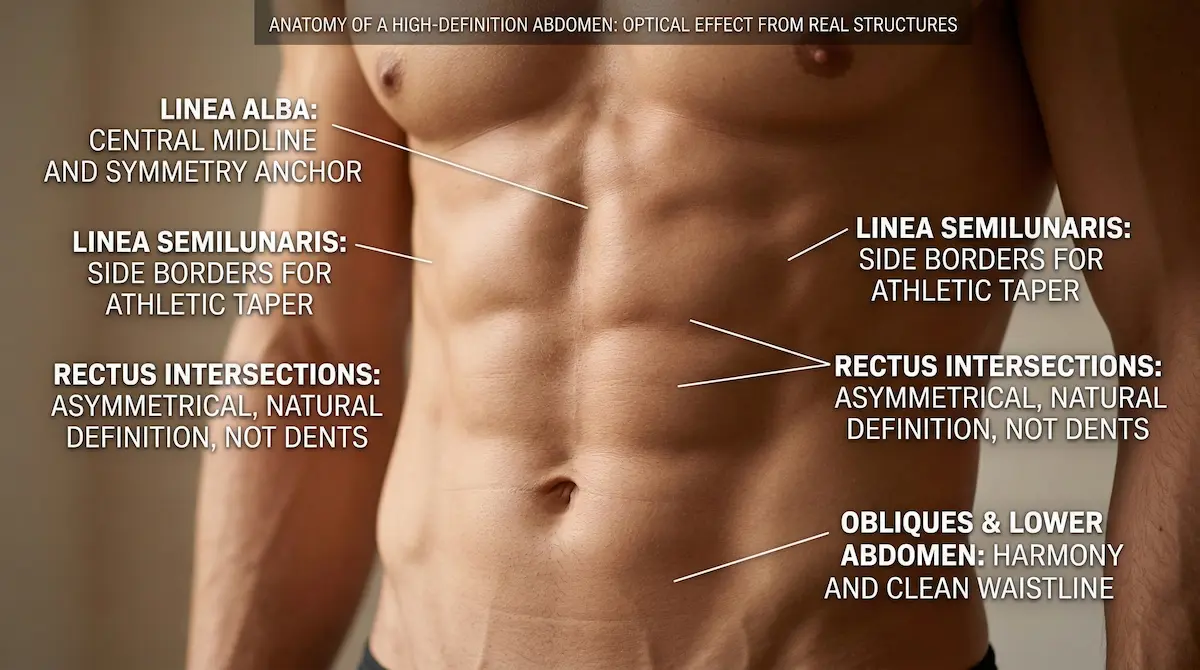 Awake abdominal etching anatomy graphic highlighting linea alba, linea semilunaris, rectus intersections, obliques and lower abdomen for natural HD definition