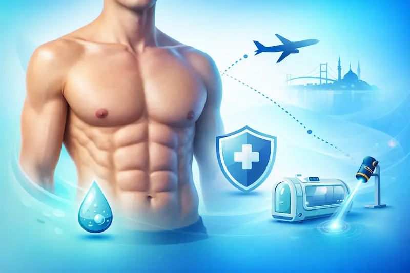 Awake abdominal etching featured image showing defined torso with safety shield, tumescent anaesthesia droplet, HBOT chamber, LLLT laser and UK to Istanbul travel icons